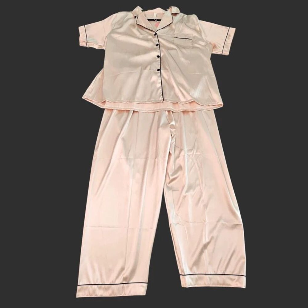 Beige Satin Pajama Set, Plus Size 4X, Elegant Black Detailing Vozanet PJs